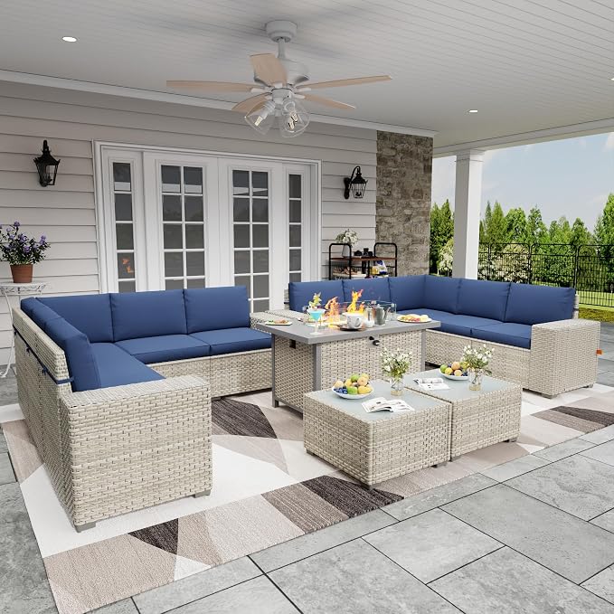 13 Piece Patio Furniture Set with 50,000 BTU Rattan Fire Pit Table that Converts to Coffee Table, 9.8" Wide Arm Sectional Sofa with Storage Armrests, Outdoor Rattan Conversation Set, Blue