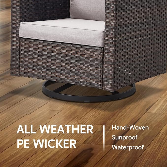 6 Piece Wicker Patio Furniture Set - Outdoor Swivel Rocker Chairs Set with Side Table, 3 Seat Sofa and Ottomans, Small Patio Conversation Sets Proch Furniture for Balcony Deck - Brown/Beige
