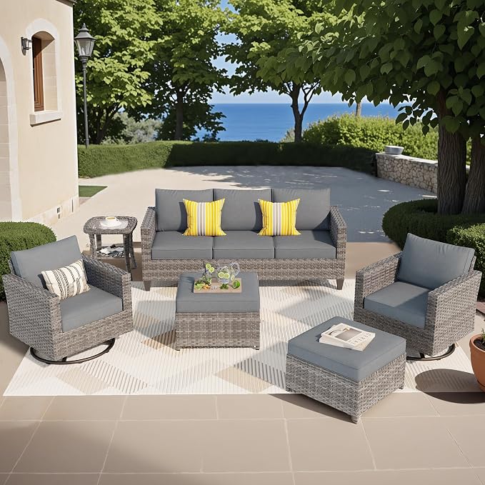 ovios 6 Pieces Patio Furniture Set, Outdoor Wicker Rattan Sofa Couch with Swivel Glider Chairs Comfy Cushions, Modern Conversation Set for Deck Backyard Porch, Dark Grey