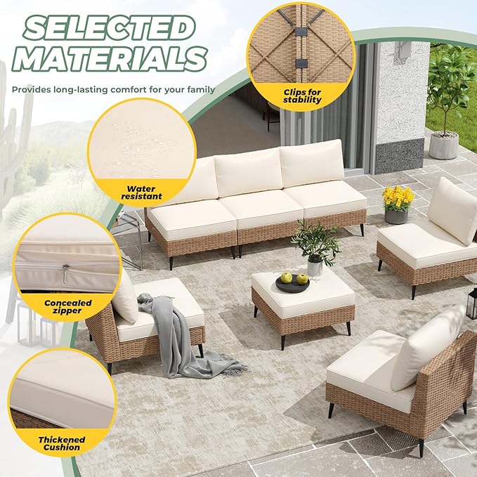 LVUYOYO 7 Pieces Outdoor Patio Furniture Set, Wicker Sectional Sofa Couch, Rattan Conversation Sets with Cushions for Deck, Backyard, Porch (Khaki)