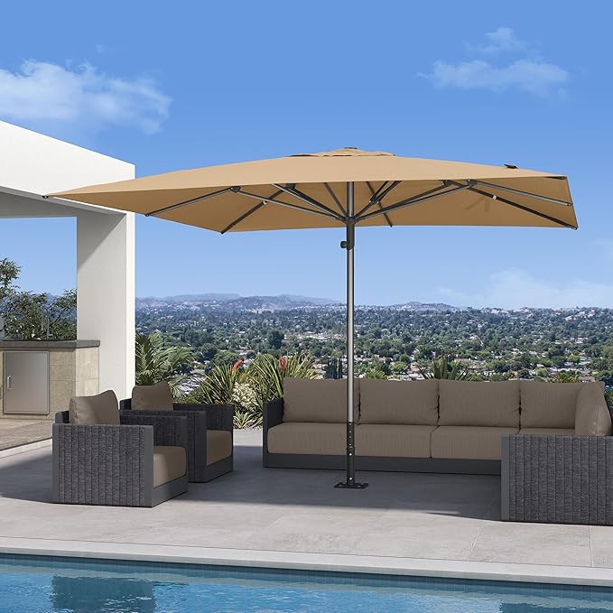 PURPLE LEAF 11 X 11 FT Commercial Square Patio Market Table Sun Umbrella Heavy Duty Semi-Auto Open Reinforced Aluminum Frame for Hotel Restaurant Cafe Poolside Outdoor Dining Garden Business Use Beige