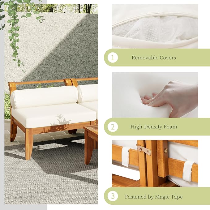 6 Piece Acacia Wood Patio Sofa Set with Tea Table, L-Shaped Modular Sectional Outdoor Garden Furniture Set Conversation Sofa Set Convertible Daybed with 5 Cushions and Pillows, Teak