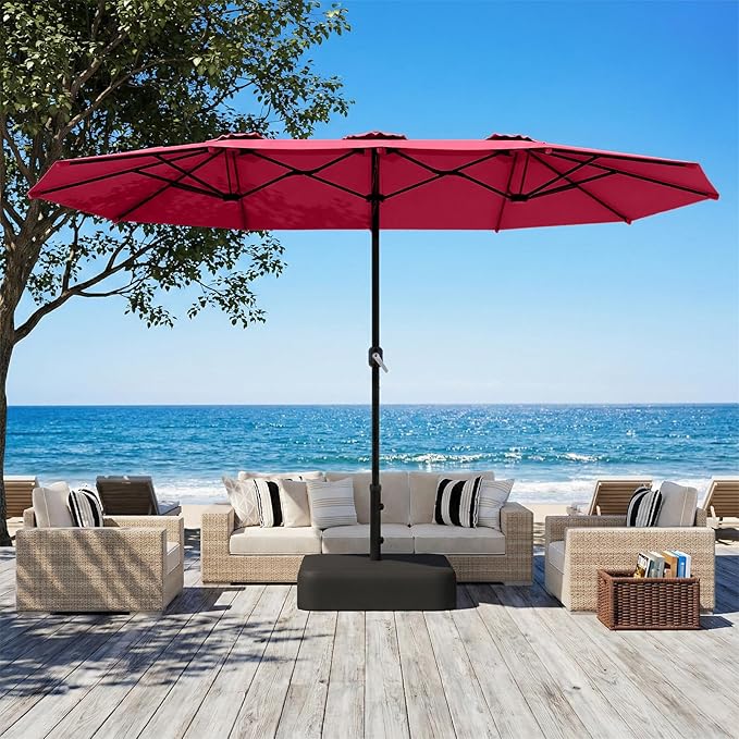 AECOJOY 15x9ft Patio Umbrella with Base Included, Outdoor Double-Sided Rectangle Umbrella with Crank Handle, Market Umbrella for Deck Pool Patio Garden(1.9" Pole, Red)