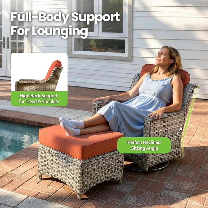 6 Piece Patio Furniture Set with Swivel Rocker Chairs, Outdoor Wicker High Back Sofa Glider Chair Ottoman with Cushion, All Weather Conversation Sets for Backyard Poolside Deck Bold Orange
