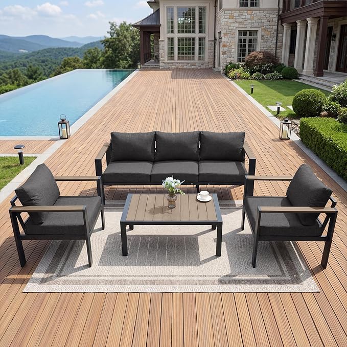 Patio Furniture Set 5 Seats and Coffee Table, Patio Conversation Set with Washable Thick Cushions, Deluxe Aluminum Modern Outside Sectional for Porch, Balcony, Deck, Yard, Dark Gray