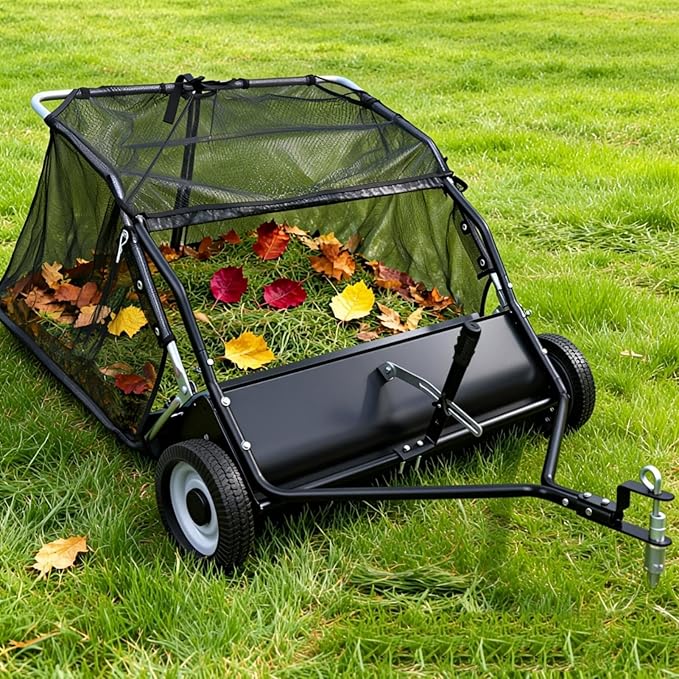 44 Inch Tow Behind Lawn Sweeper - Heavy Duty Adjustable Height Pull Behind Lawn Sweeper, 25 cu. ft Large Capacity Leaf & Grass Collector Hopper for Yard, Lawns, Farm （US Fast Arrival）