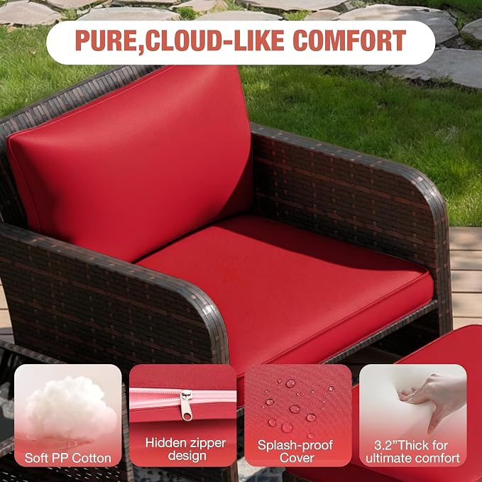 LEVELEVE Patio Conversation Set 5 Piece, Balcony Furniture Outdoor PE Rattan Wicker Lounge Chairs with Soft Cushions, 2 Ottomans & Glass Table for Porch Lawn, Brown (Wine Red Cushions