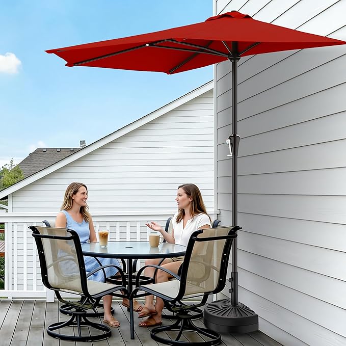 AreShark 9FT Half Patio Umbrella, Outdoor Wall Umbrella with Crank & 5 Sturdy Ribs, Table 1/2 Umbrella Patio for Garden, Deck, Balcony and Pool, Red