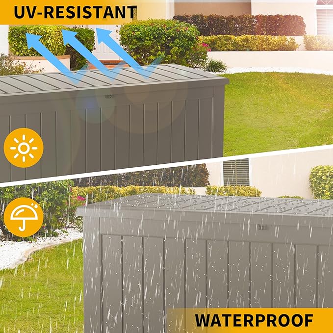 200 Gallon Outdoor Storage Box Waterproof Lockable Resin Deck Box Large, Grey