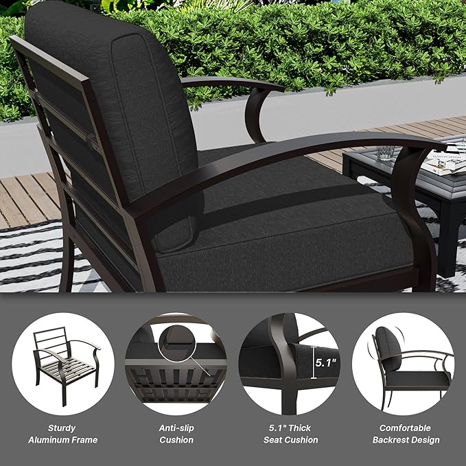 Gotland Aluminum Patio Furniture Set with Fire Pit Table, Metal Patio Furniture with 12 Seats Waterproof 5.1'' Seat Cushions, Oversized Outdoor Sectional Conversation Sets for Balcony Porch Black