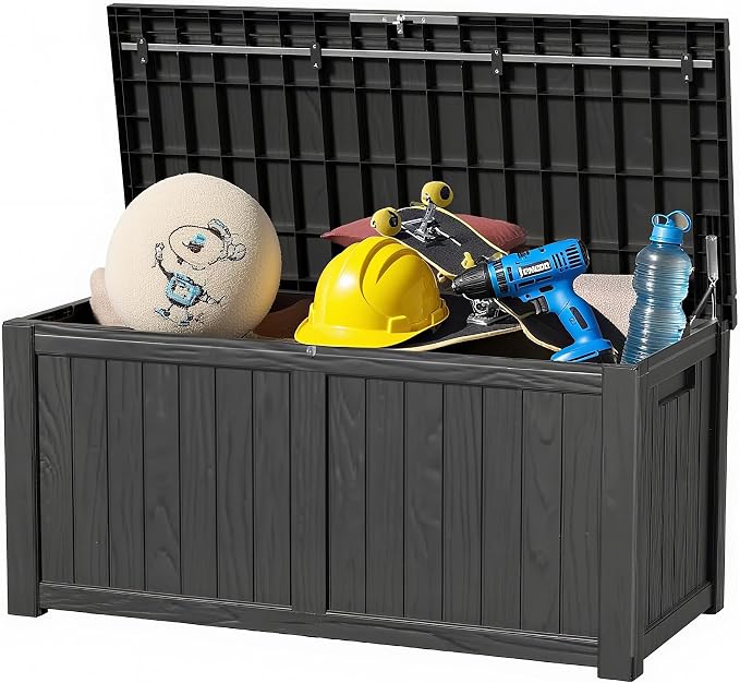 120 Gallon Outdoor Storage Box - Waterproof Resin Deck Box with Stainless Steel Rods - Lockable & Fade Resistant Storage Bin for Patio Cushions & Garden Tools, Black