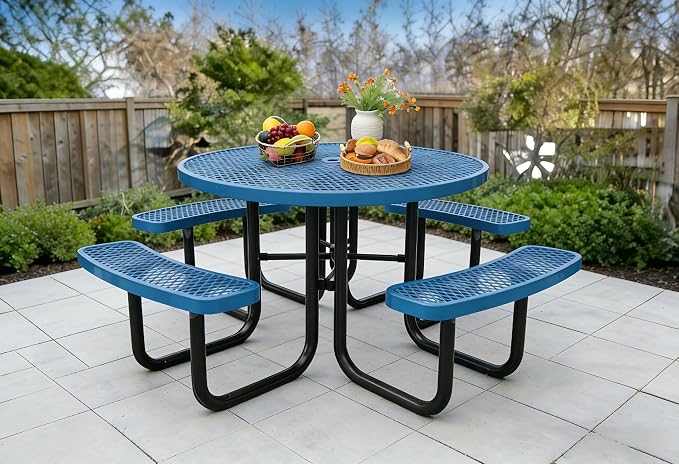 Garvee Heavy Duty Metal Picnic Tables for Outdoors with Umbrella Hole, 46" Round Top Patio Table Coated Steel Commercial Grade Furniture Set Weather & Rust Resistant (Expanded Steel, Blue)