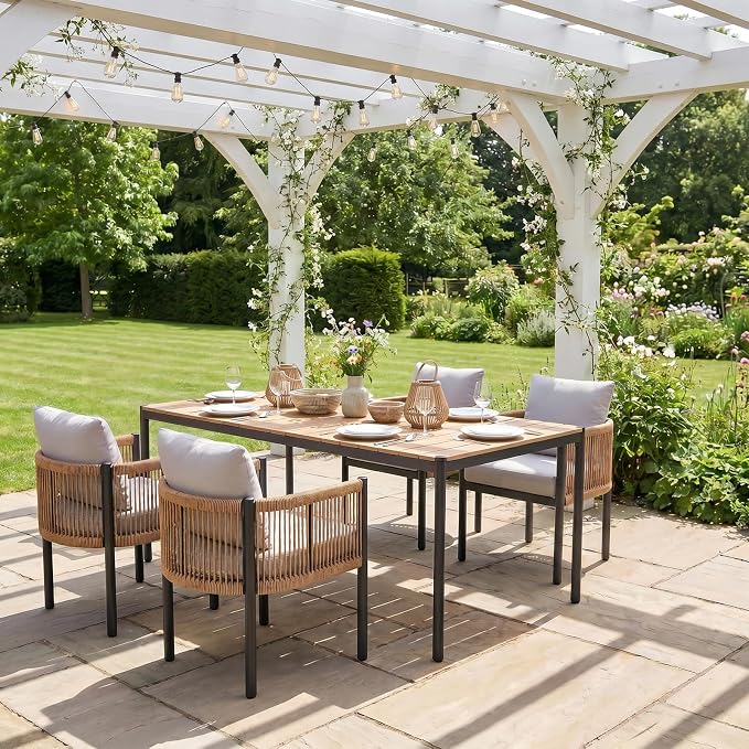 SUNSITT 5 Piece Outdoor Patio Dining Set, Patio Dining Furniture Set with 70” Metal Dining Table w/WPC Tabletop and 4 Patio Woven Rattan Chairs w/Curved Armrest for Garden, Beige