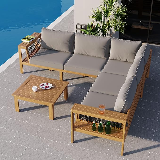 4 Pieces Outdoor Acacia Wood Sofa Set,Woven Mesh Armrests, L-Shaped Patio Furniture Sofa Set with Coffee Table, Outdoor Conversation Set (Gray+Natural#49)