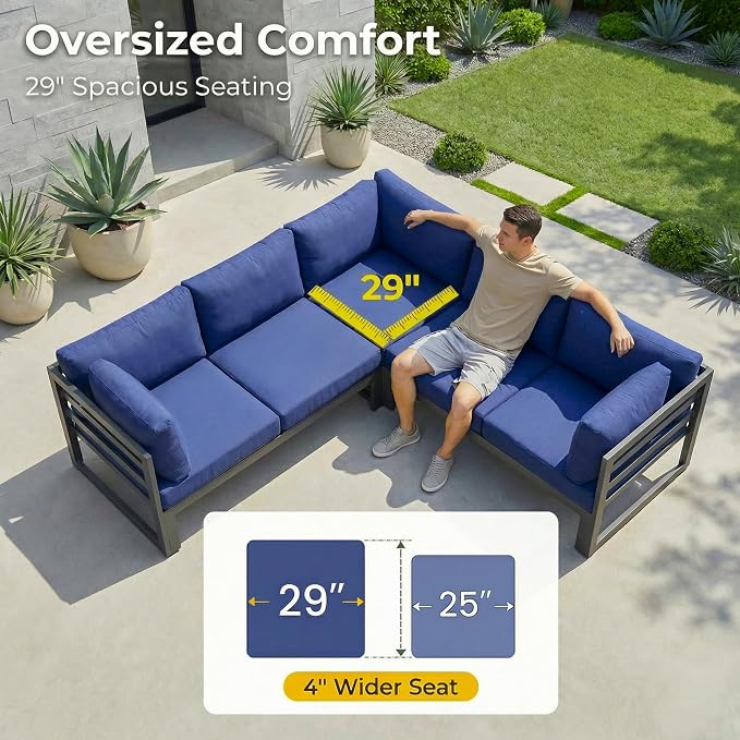 RADIATA 9 Piece Large Modern Aluminum Outdoor Patio Furniture Set with Fire Pit Table, 29 inch Wide Deep Seat, Rust Proof Comfy Sectional Sofa, 500 lbs Sturdy Front Yard Conversation Set, Navy Blue