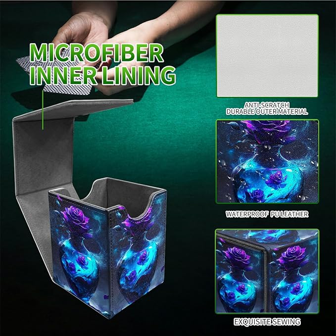 Deck Box for MTG, Cards Storage Box Fits 120+ Sleeved, Leather Medium Size Strong Magnetic Closing Card Case for Board Games Magic TCG CCG Baseball Collection, Purple Rose Vase