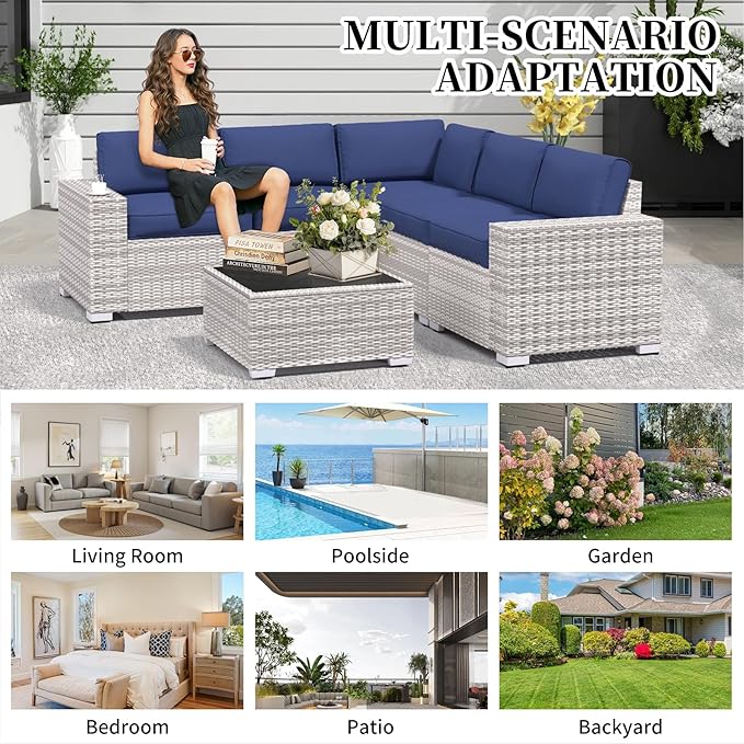 6 Pieces Wide Armrest Patio Furniture Set, Rattan Sectional Furniture with Thickened Cushions, Outdoor Patio Conversation Sets for Backyard, Poolside, Garden, Off-White & Navy Blue, Set of 6