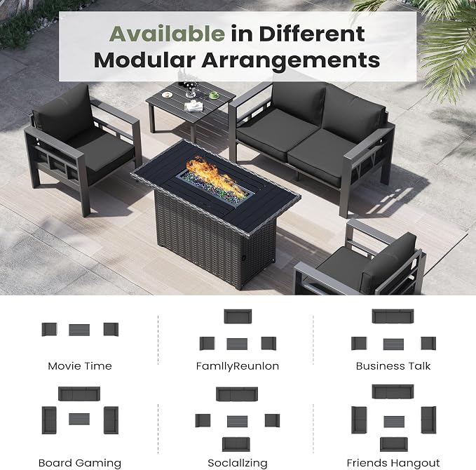 5 Piece Aluminum Patio Furniture Set, Thick Cushions, Aluminum Outdoor Sectional Conversation Set with Coffee Table for Porch, Backyard, Deck(Grey/Dark Grey)