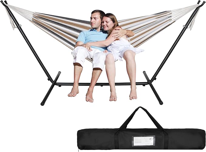 Double Hammock with 9FT Space Saving Steel Stand, 2-Person Portable Hammock with Stand for Outdoor Patio or Indoor, 330 Pounds Capacity, 6 Optional Hook Positions (Khaki)