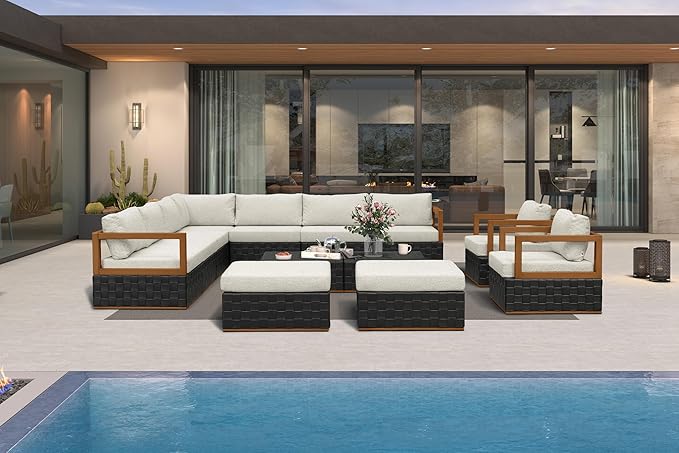 PURPLE LEAF Patio Outdoor Furniture Set 13 Pieces, Premium Leather Outdoor Couch Sectional Sofa, Modular Patio Conversation Sets with Olefin Cushions, Patio Couch for Porch, Balcony, Garden, Black