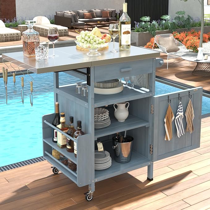 Outdoor Grill Cart with Stainless Steel Top, Solid Wood Outdoor Storage Cabinet with Drop Leaf, One Drawer, Towel Rack, Rolling Kitchen Cart with Lockable Wheels for Lawn Garden (Blue+Grey@072)