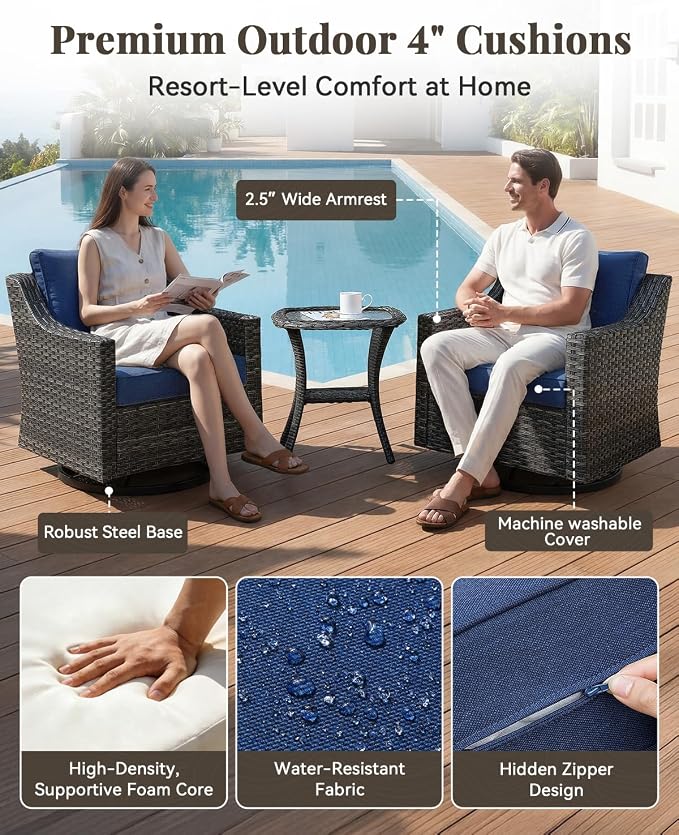 Patio Furniture Set 3 Pieces Luxury Outdoor Bistro with Swivel Rocker Chairs and Side Table, Easy Assembly Conversation Set for Porch Deck Balcony Yard in Gray Wicker and Blue Cushions
