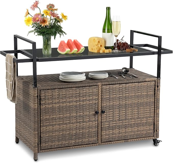 Wicker Outdoor Bar Cart - Brown Patio Console Table Buffet Storage Cabinet Serving Kitchen Cart with Wheels for Outside Backyard