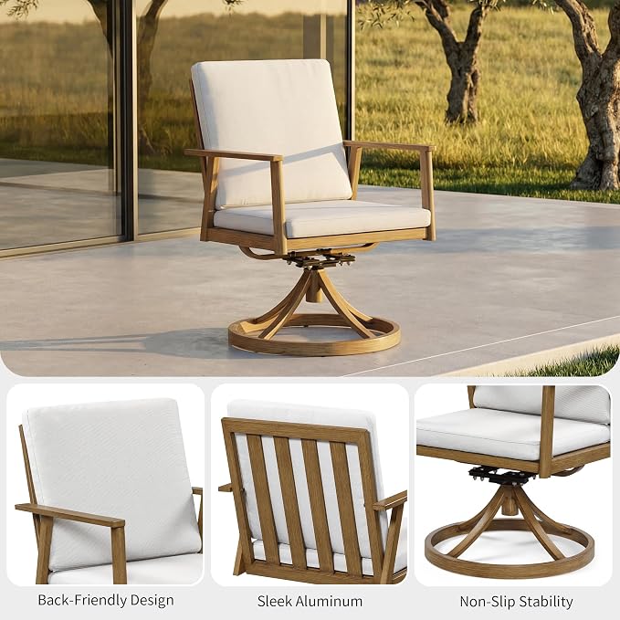 6-Piece Outdoor Table Set with Chairs & Bench, 6-Person Outdoor Rectangular Dining Table with Umbrella Hole, Faux Wood Grain Patio Table Set with Swivel Chair for Garden Backyard Proch, Teak