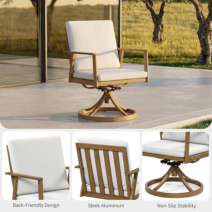 41" Round Outdoor Dining Table Set, 5-Piece Aluminum Round Outdoor Table with 4 Swivel Chairs, Faux Wood Grain Patio Table with Umbrella Hole for Garden, Backyard, Poolside, Teak