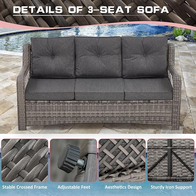 6 Pieces Wicker Patio Furniture Set Conversations Sets, 2 Outdoor 360° Swivel Rocking Chairs, Patio Swivel Glider Chair with Table and Ottoman for Garden, Poolside, Backyard (Grey)