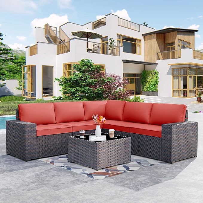 Patio Furniture Set Sofa 6-Pieces Wicker Sectional Sofa Set, Outdoor Furniture Rattan Patio Conversation Set with Thickened Cushion and Glass Coffee Table, Red