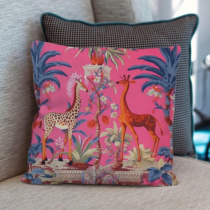 Pillowcase Animal Pink Chinoiserie Cushion Cover Rustic Thailand Giraffe Jungle Pillow Cover Accent Farmhouse Decor Pillow for Couch Sofa Bedroom Car 22x22 in
