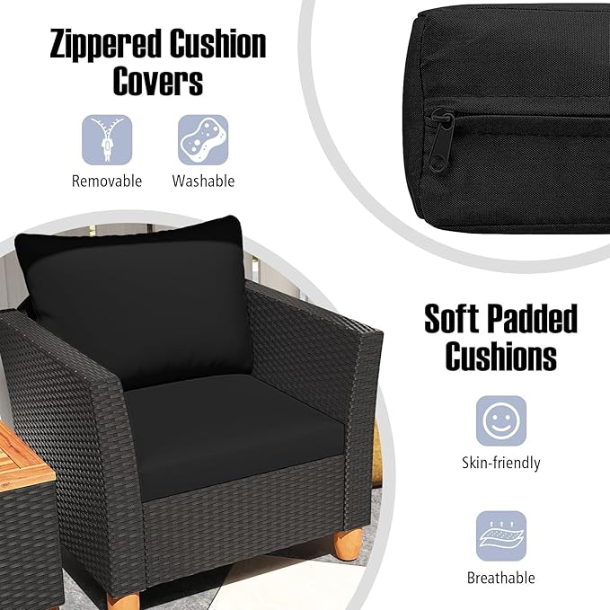Tangkula 3 Pieces Patio Porch Furniture Set, PE Rattan Wicker Chair Conversation Set with Cushions and Storage Table, Outdoor Acacia Wood Bistro Set for Garden, Poolside (Black)