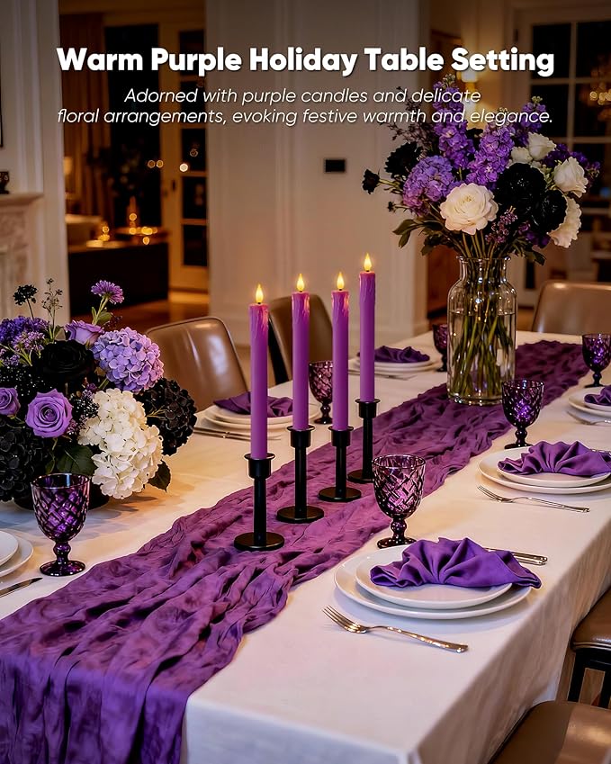 Homemory 6 Pcs Real Wax Purple Flameless Taper Candles with Remote Timer, 9.6 Inches LED Fake Candlesticks, LED Candle with 3D Flickering Flame for Romantic Wedding, Dinner, Xmas Anniversary Decor