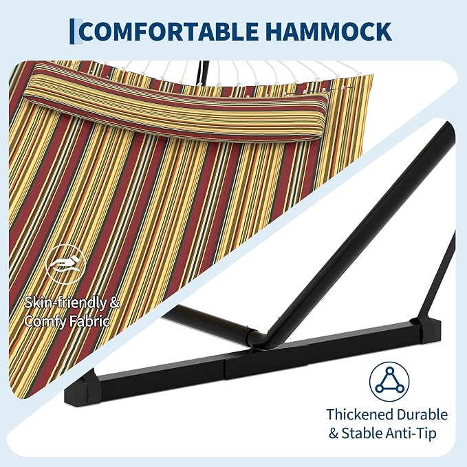 Hammock with Stand, Curved Steel Frame Outdoor Hammock for Outside Patio Backyard Porch Camping, Portable Freestanding Relaxing Hammock with Pillow, Red and Yellow Stripes