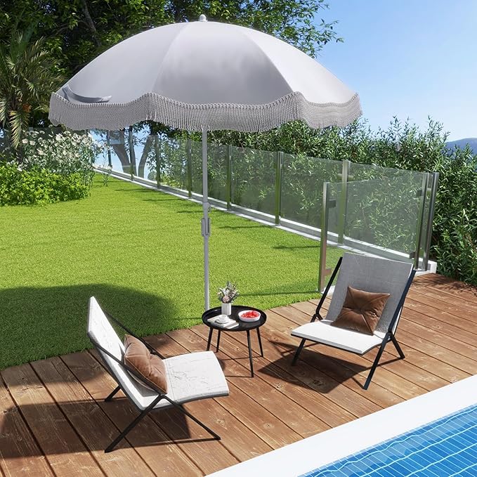 6.5 FT Outdoor Fringe Umbrella, UV 50+ Protection Boho Umbrella with Sand Anchor, Tilt Sun Shelter& 8 Ribs, Portable Beach Umbrella with Carry Bag, Vintage Patio Umbrella for Deck Poolside
