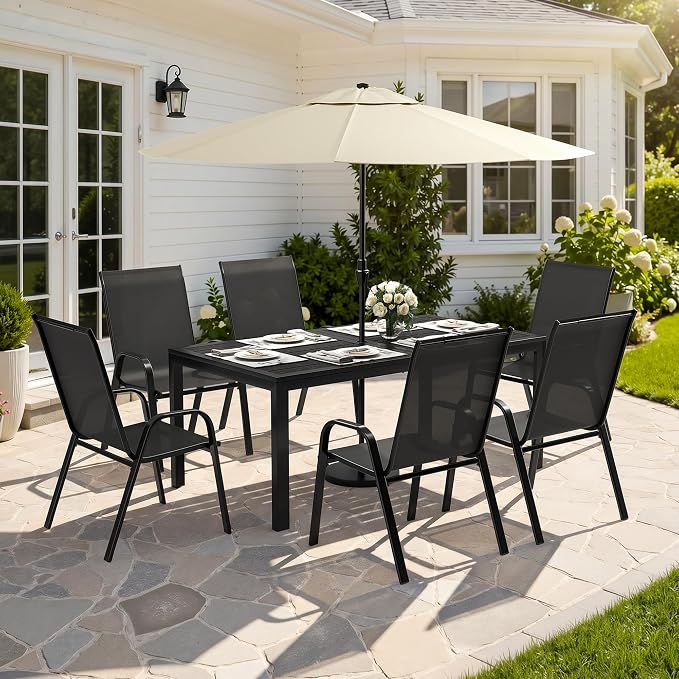 7-Piece Outdoor Dining Set, All Weather Patio Table and Chairs Set with Umbrella Hole for 6, Steel Slat Table and 6 Textilene Chairs for Backyard, Poolside and Deck, Black(No Umbrella)