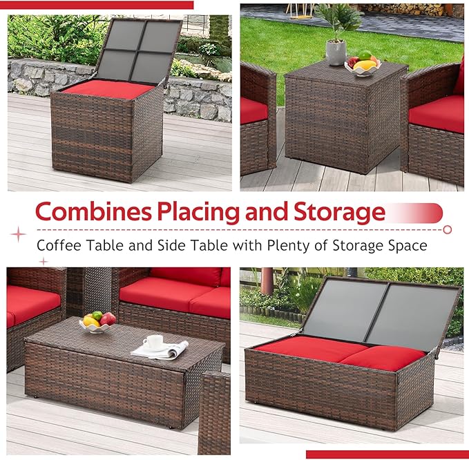 AECOJOY 7 PCS Patio Furniture Set with Two Storage Boxes&Patio Set Cover, Outdoor Rattan Conversation Set, PE Wicker Sectional Sofa Outdoor Furniture, Brown Rattan&Red Cushions