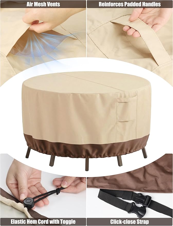 Vailge Round Patio Furniture Covers, 100% Waterproof Outdoor Table Chair Set Covers, Anti-Fading Cover for Outdoor Furniture Set, UV Resistant (Beige&brown, 62"DIAx28"H)