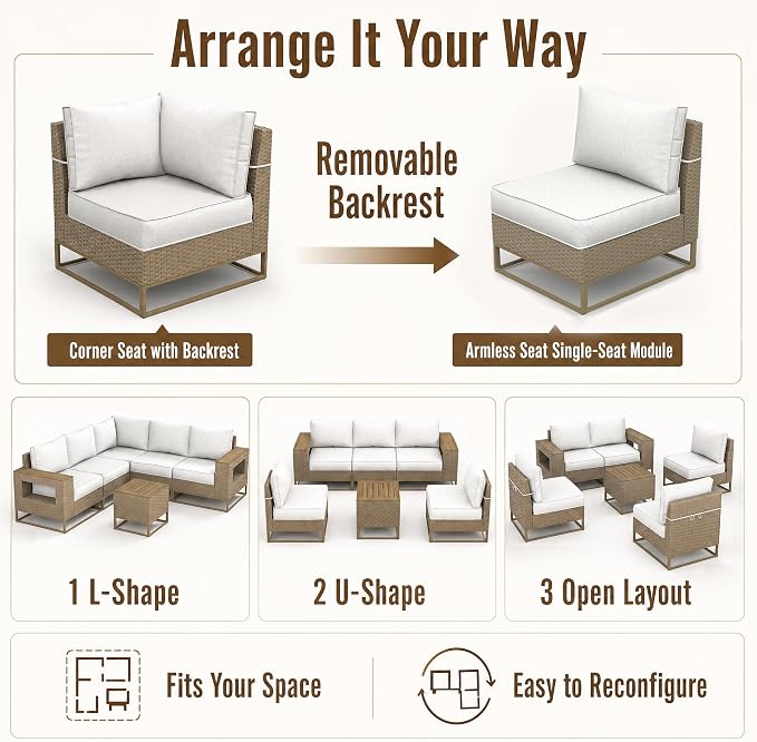 6-Piece Outdoor Patio Furniture Set, Modern PE Wicker Outdoor Sectional Sofa with Storage Armrests & 5.5" Thick Cushions, L-Shaped Couch for Deck, Porch, Backyard, Ivory White