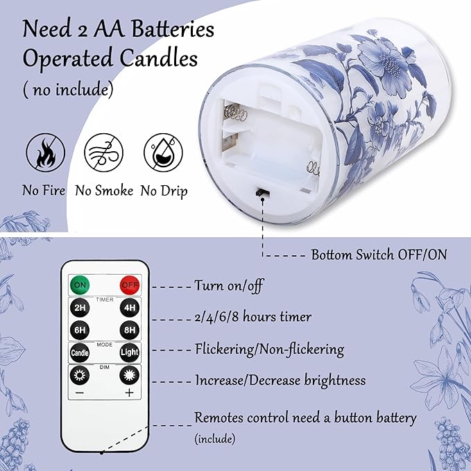 Flameless Candles Glass with Remote Control & Timer Function, Blue and White Porcelain Theme Design, Home Party Wedding Christmas Valentine's Day Decor, Set of 3
