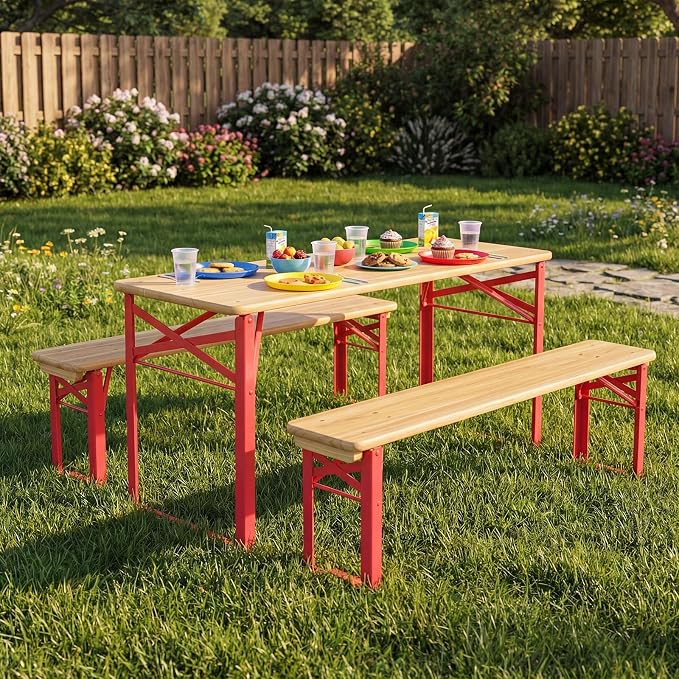 Costzon Kids Picnic Table, 43.5 Inch Folding Picnic Table with 2 Benches, Fir Wood Top & Metal Frame, No Assembly 3-Piece Portable Kids Indoor/Outdoor Furniture for Patio Backyard Daycare (Red)