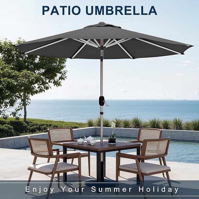 10FT Aluminum Outdoor Patio Umbrella, Fade-Resistant Market Umbrella with Push Button Tilt Function, 8 Sturdy All-Aluminum Ribs for Gardens, Patios, Backyards & Pools