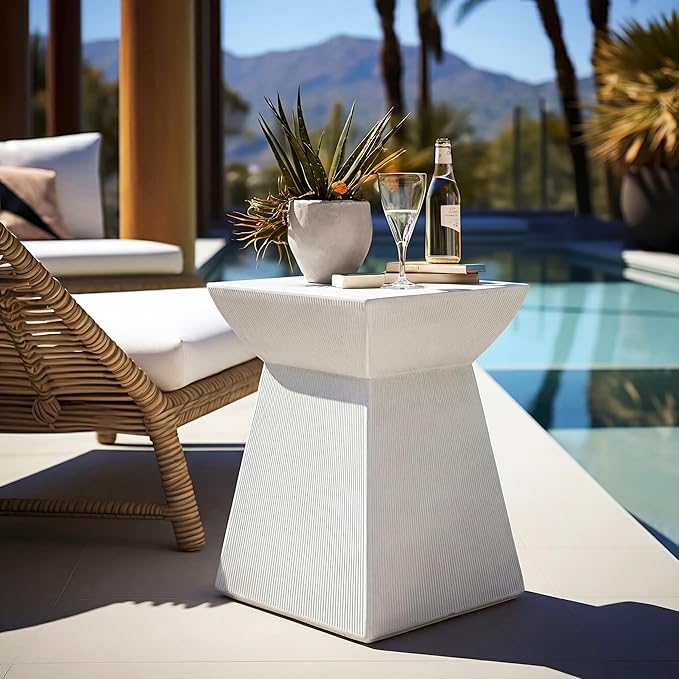 Outdoor Side Table Square Concrete Side Table Pedestal End Tables Cement Small Coffee Tables Patio Garden Stool Plant Stand for Porch, Backyard Balcony,15.2",White Antique Textured