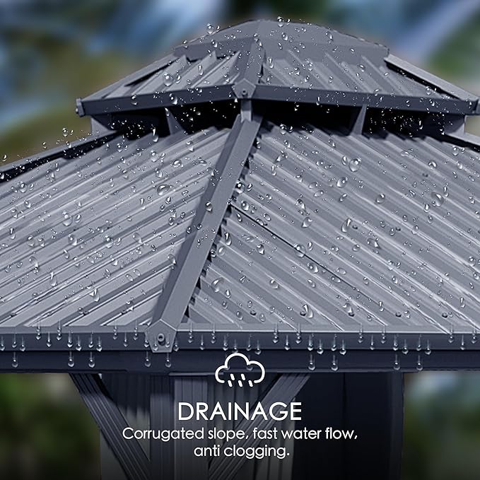 Kozyard Caesar 10'x12' Hardtop Gazebo - Permanent Metal Pavilion with Netting and Shaded Curtains for Patio, Backyard, and Deck - Galvanized Steel Outdoor Aluminum Canopy, Double Roof Gazebo (Grey)