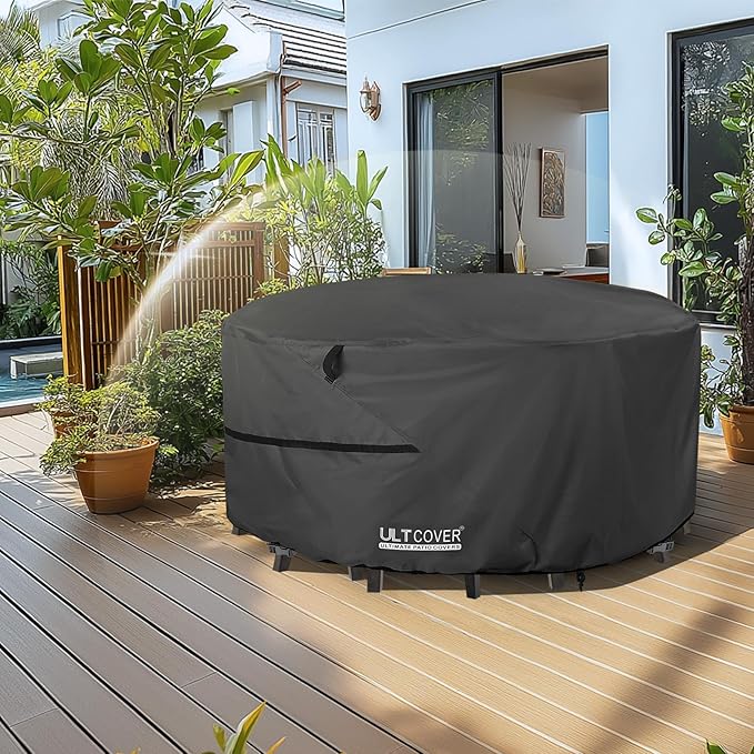 ULTCOVER Round Patio Furniture Cover - Outdoor Waterproof Table with Chair Set Cover 48 inch, Black