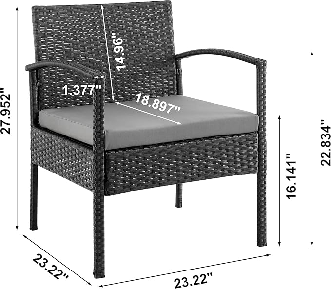 Manhattan Comfort Noli 4-Piece Patio Conversation Set, Outdoor Furniture Made of Steel Rattan | Includes 2 Modern Armchairs, Loveseat, Tempered Glass Coffee Table, Removable Waterproof Cushions, Grey