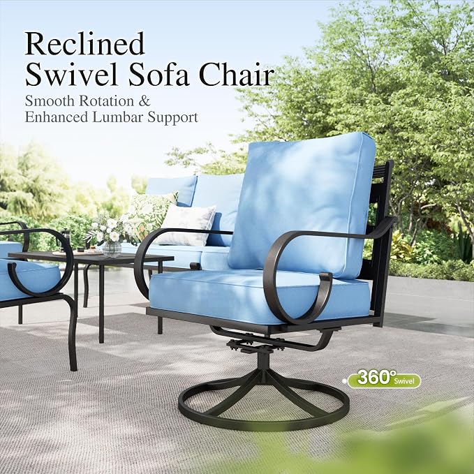 Sophia & William Patio Conversation Set for 7, a Loveseat, 3-Seater Sofa, 2 Swivel Chairs and a Coffee Table, Metal Outdoor Furniture with 5.75" Extra Thick Cushions, Blue