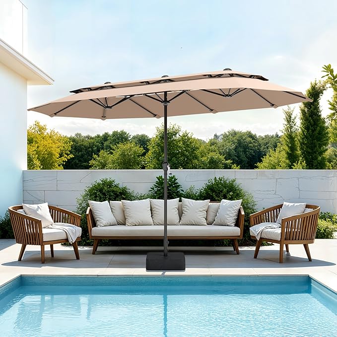 PHI VILLA 13ft Outdoor Patio Umbrellas with Base Included, 2-Tier Double-Sided Outdoor Rectangular Sun Umbrella for Outside, Beige