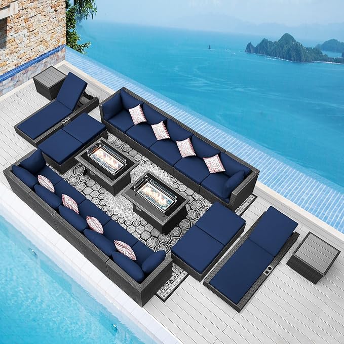 NICESOUL 20 Piece Extra Large Patio Furniture Set w/Fire Pit Table & Chaise Lounge, Modern Luxury Outdoor Group Seating w/Firepit, Comfortable 29.3" High-Back Sectional Couch Deep Seat, Gray & Blue